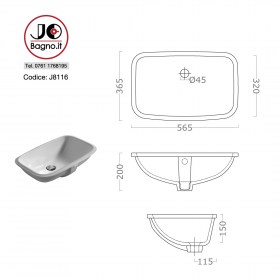 J8116-TECNICA Lavabo sottopiano rettangolare 56x36 incasso