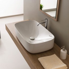 Lavabo da appoggio 72x42 Moon senza troppo pieno, in ceramica bianca 