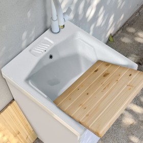 Lavatoio da esterno NILO 45x50 in ceramica e mobile in pvc resistente all&#39;acqua con ampio piano interno