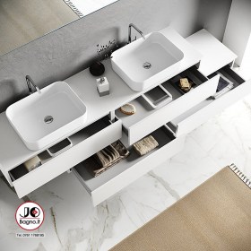 Mobile bagno sospeso con quattro cassetti e doppio lavabo d'appoggio 