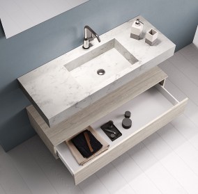 Top sospeso con lavabo integrato in HPL - Carrara / Sherwood Naturale 