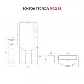 Scheda tecnica Composizione bagno a terra 85 con ante e cassetti e lavabo in ceramica Rigo1