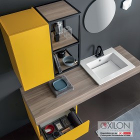 Arredo bagno completo Ghost 4 da 170 cm con Mensola Olmo Grigio e Base Senape Laccata