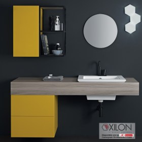 Arredo bagno completo Ghost 4 da 170 cm con Mensola Olmo Grigio e Base Senape Laccata