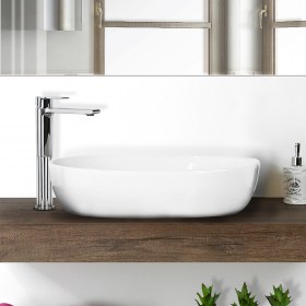 Lavabo Rettangolare da appoggio 60 in ceramica VENERE su arredo bagno con top in legno